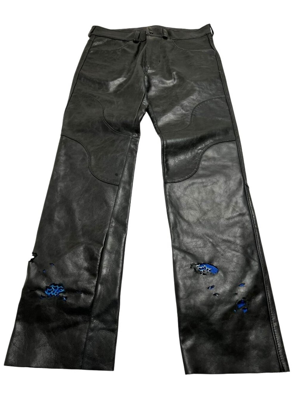 Custom Distressed Leather Moto Pants in Black